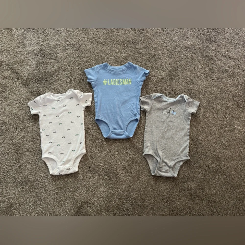 Set of 3 Carter’s Baby Boy onesies 18 months 18m Ladies Man Trucks Elephant